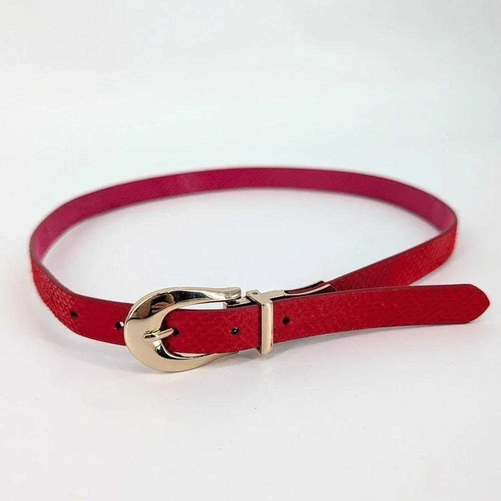 Reversible Skinny Belt Pink Red Snakeskin Embossed Gold Buckle S/M